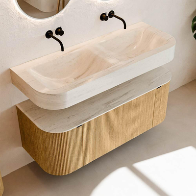 MONDIAZ THOR-DLUX 120cm meuble de salle de bains arrondi gauche + droite couleur Chêne avec 1 tiroir et 2 portes. Vasque suspendue CLOUD Double sans trou de robinet couleur Meli.