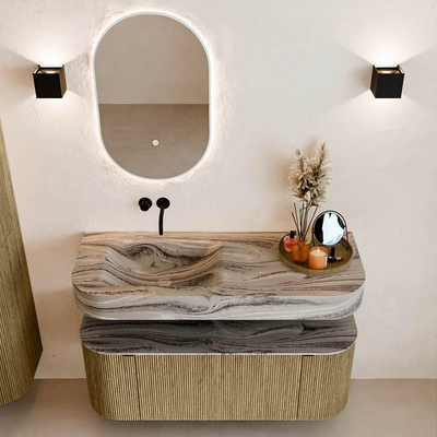 MONDIAZ THOR-DLUX 120cm meuble de salle de bains arrondi gauche + droite couleur Dusk avec 1 tiroir et 2 portes. Vasque suspendue CLOUD Gauche sans trou de robinet couleur Sombra.