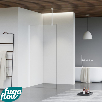 FugaFlow Eccelente Vetro douche à l'italienne salle de bain - 50x200cm - verre clair - bras plafond - blanc mat