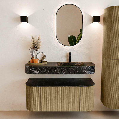 MONDIAZ THOR-DLUX Meuble de salle de bains 110cm arrondi gauche + droite couleur Dusk avec 1 tiroir et 2 portes. Vasque suspendue CLOUD Droite 1 trou de robinet couleur Lava.