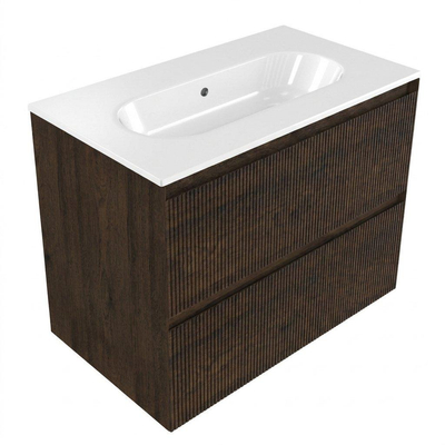 Saniclass Holz Atelier Ensemble de meubles de salle de bains - 80x45x73.9cm - Chaci lavabo en céramique blanc - 1 vasque - sans trou de robinet - 2 tiroirs - chêne charcoal mat (bois)