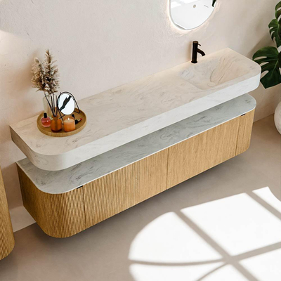 MONDIAZ THOR-DLUX Meuble de salle de bains 190cm arrondi gauche + droite couleur Oak avec 2 tiroirs et 2 portes. Vasque suspendue CLOUD Droite 1 trou de robinet couleur Opalo.