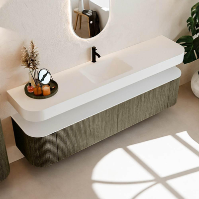 MONDIAZ THOR Meuble de salle de bains 200cm arrondi gauche + droite couleur Shadow avec 2 tiroirs et 2 portes. Vasque suspendue CLOUD Milieu 1 trou de robinet couleur Talc.