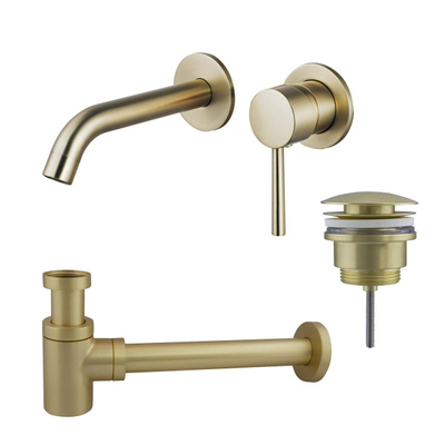 Fortifura Calvi Wastafelkraanset - inbouw wastafelkraan - klikwaste plug - verlaagde design - sifon - PVD - geborsteld messing (goud)