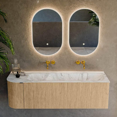 MONDIAZ KURVE-DLUX Meuble de salle de bains 145 cm avec module 25 L couleur Oak avec 1 tiroir et 1 porte. Lavabo BIG LARGE à droite sans trou de robinet couleur Glace.