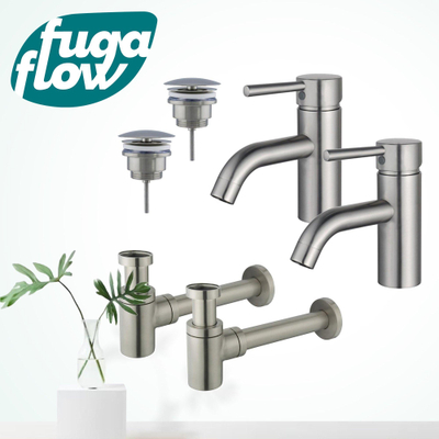 FugaFlow Eccelente Sobrado Badkamer Wastafelkraanset - voor dubbele wastafel - lage wastafelkraan - always open plug - verlaagde design sifon - PVD Geborsteld RVS