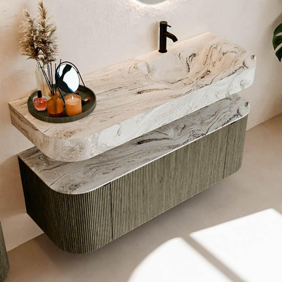 MONDIAZ THOR-DLUX 130cm meuble de salle de bains arrondi gauche + droite couleur Shadow avec 1 tiroir et 2 portes. Vasque suspendue CLOUD Droite 1 trou de robinet couleur Glace.