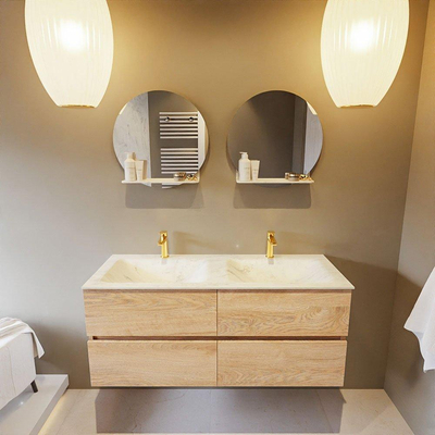 MONDIAZ VICA-DLUX Ensemble meuble de salle de bains - 120cm - meuble bas Washed oak - 4 tiroirs - lavabo encastré cloud double - 2 trous de robinet - version haute 60cm - opalo