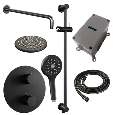 BRAUER Black Carving thermostatische Inbouw Regendouche - 3-weg - rond - set 93 - 20cm hoofddouche - gebogen muurarm - 3-standen handdouche - doucheslang - geïntegreerde glijstang - mat zwart