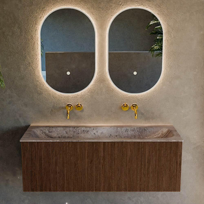 MONDIAZ KURVE-DLUX 120cm badmeubel kleur Walnut met 1 lade en 0 deuren. Wastafel BIG LARGE Midden zonder kraangat Oza.