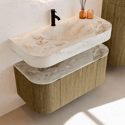 MONDIAZ THOR-DLUX 100cm meuble de salle de bains arrondi gauche + droite couleur Dusk avec 1 tiroir et 2 portes. Vasque suspendue CLOUD Milieu 1 trou de robinet couleur Frappe.