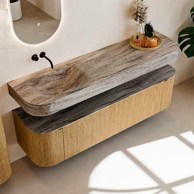 MONDIAZ THOR-DLUX 170cm meuble de salle de bains arrondi gauche + droite couleur Chêne avec 1 tiroir et 2 portes. Vasque suspendue CLOUD Gauche sans trou de robinet couleur Oza.