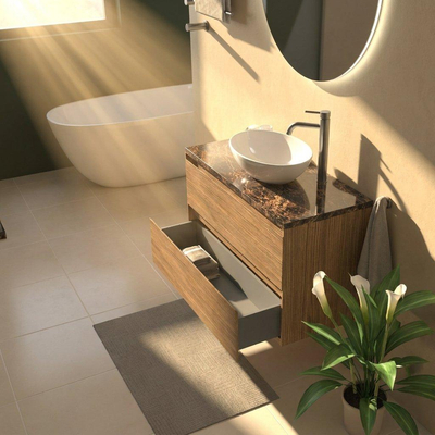 Saniclass Holz Pure Ensemble de meubles de salle de bains - 100x45x63cm - Plan de travail en pierre naturelle Noche dark emperador - 1 trou de robinetterie - 2 tiroirs - chêne natural mat (bois)