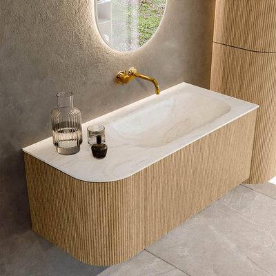 MONDIAZ KURVE-DLUX 105cm Meuble salle de bain avec module 25 G - couleur Oak - 1 tiroir - 1 porte - vasque BIG SMALL droite - sans trou de robinet - couleur Ostra