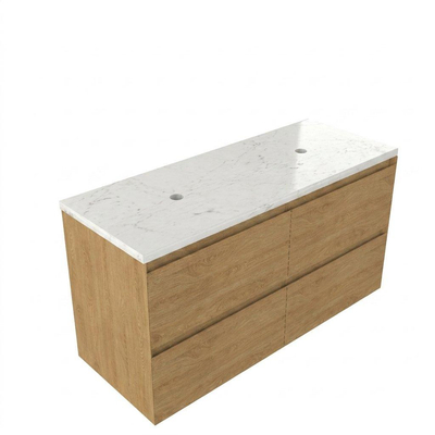 Saniclass Holz Pure Ensemble de meubles de salle de bains - 120x45x63cm - Plan vasque en marbre Dia poli (blanc) - sans trou de robinetterie - 4 tiroirs - chêne natural mat (bois)