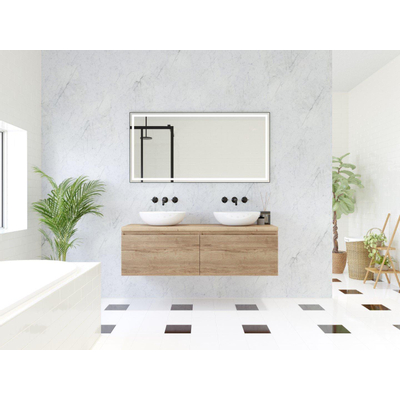 HR Matrix 3d meuble de salle de bain 140cm 2 tiroirs sans poignée avec bandeau couleur chêne français avec dessus chêne français