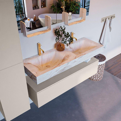 Mondiaz ALAN-DLUX Ensemble de meuble - 130cm - meuble Linen mat - 1 tiroir - Lavabo Cloud Frappe suspendu - vasque Gauche et droite - 2 trous de robinet