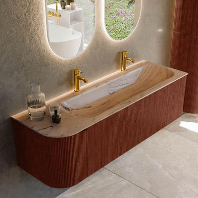 MONDIAZ KURVE-DLUX 145cm badmeubel ronding Links kleur Ruby met 1 lade en 1 deur. Wastafel BIG LARGE Rechts 2 kraangaten Arena.