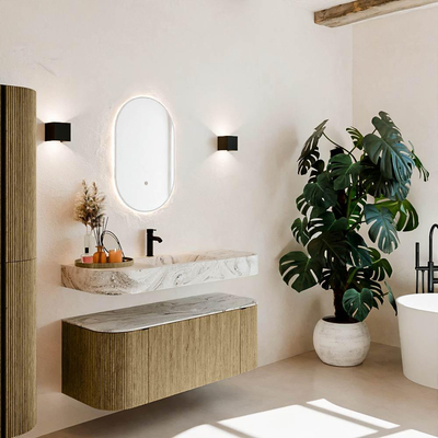 MONDIAZ THOR-DLUX 120cm meuble de salle de bains arrondi gauche + droite couleur Dusk avec 1 tiroir et 2 portes. Vasque suspendue CLOUD Milieu 1 trou de robinet couleur Glace.