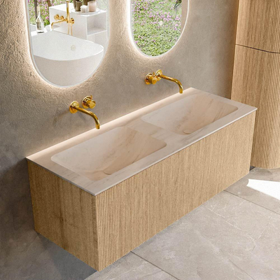 MONDIAZ KURVE-DLUX 120cm badmeubel kleur Oak met 1 lade en 0 deuren. Wastafel LEAF Dubbel zonder kraangat Meli.