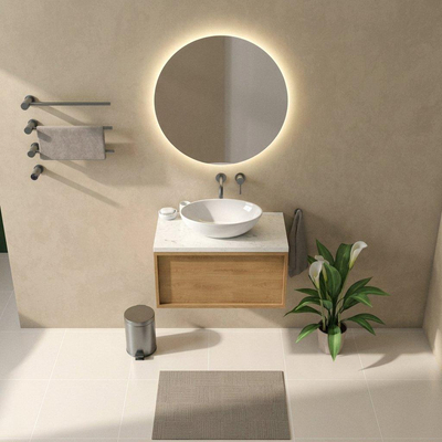 Saniclass Holz Frame Ensemble meuble de salle de bains - 80x45x43cm - Plan vasque en marbre Dia poli (blanc) - sans trou de robinetterie - 1 tiroir - chêne natural mat (bois)