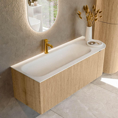 MONDIAZ KURVE meuble de salle de bains 125 cm avec module 25 R couleur Oak avec 1 tiroir et 1 porte. Lavabo BIG MEDIUM gauche 1 trou de robinet Talc.