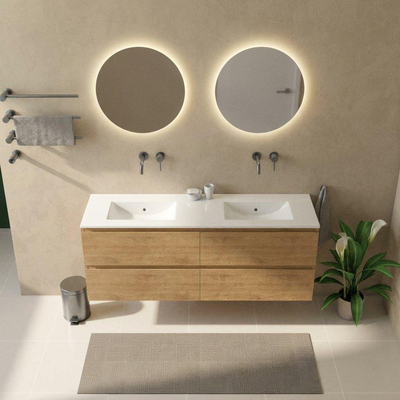 Saniclass Holz Pure Ensemble meuble de salle de bains - 160x45x62cm - Vygo lavabo en céramique blanc - 2 vasques - sans trous de robinetterie - 4 tiroirs - chêne natural mat (bois)