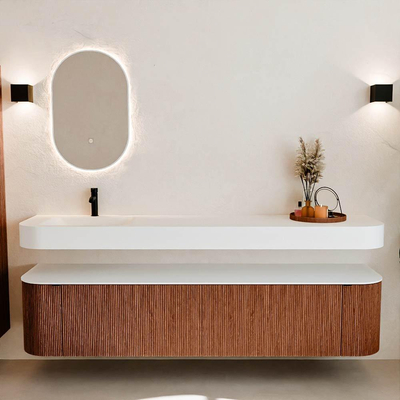 MONDIAZ THOR Meuble de salle de bains - 200cm - arrondi gauche + droite - couleur Ruby - 2 tiroirs et 2 portes - Vasque suspendue CLOUD Gauche 1 trou de robinet - couleur Talc