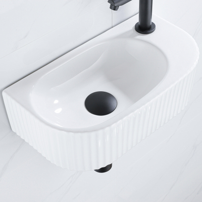 Fugaflow Efficiente Ensemble Fontaine Pietra - 40x21,5x12 cm - droite - rainurée - demi-ronde - 1 trou de robinet - céramique - robinet de fontaine noir mat - bouchon de vidange - siphon abaissé - blanc brillant