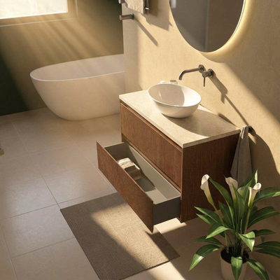 Saniclass Holz Atelier Ensemble de meubles de salle de bains - 100x45x63cm - Plan de toilette en pierre naturelle travertin - sans trou de robinet - 2 tiroirs - noyer pure mat (bois)
