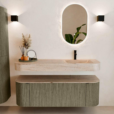 MONDIAZ THOR-DLUX 140cm meuble de salle de bains arrondi gauche + droite couleur Shadow avec 1 tiroir et 2 portes. Vasque suspendue CLOUD Droite 1 trou de robinet couleur Saba.