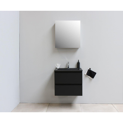 Basic Bella Meuble lavabo acrylique noir avec 1 trou de robinet avec armoire de toilette à 1 porte grise 60x55x46cm Flat Pack Noir mat