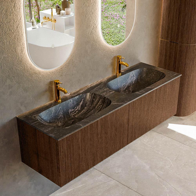 MONDIAZ KURVE-DLUX 150cm badmeubel kleur Walnut met 2 lades. Wastafel STOR SMALL dubbel 2 kraangaten kleur Lava.
