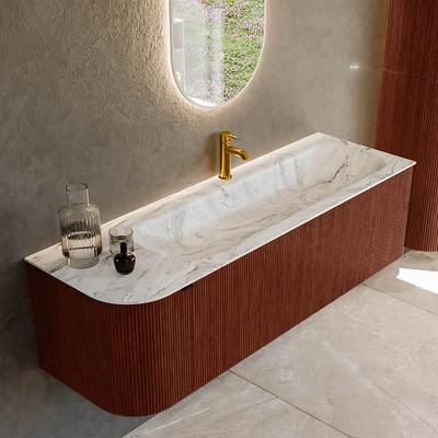 Mondiaz KURVE-DLUX Badkamermeubelset - 145x46x40cm - 1 lade - 1 deur - wastafel solid surface - rechts - 1 kraangat - Ruby