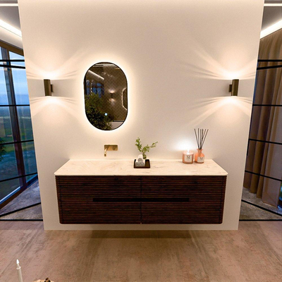 Mondiaz CIRO-DLUX Meuble de salle de bains - 160x45x50cm - vasque solid surface Ostra - 1 lavabo à gauche - sans trous de robinet - 4 tiroirs - Noyer