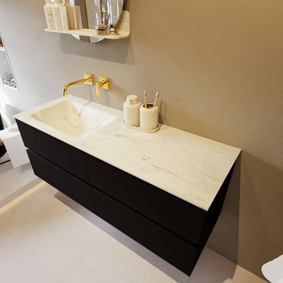 Mondiaz VICA-DLUX ensemble de meuble de salle de bain - 130cm - meuble sous-vasque urbain - 4 tiroirs - lavabo encastré cloud gauche - sans trous de robinet - version haute de 60cm - opalo