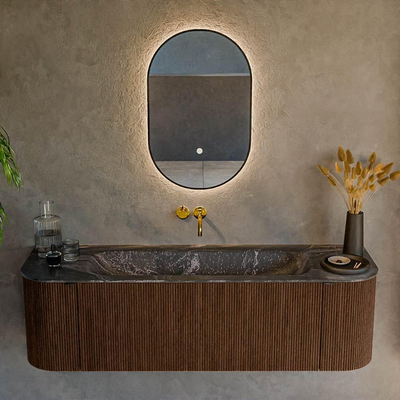 MONDIAZ KURVE-DLUX 150cm badmeubel met module 25 Len R kleur Walnut met 1 lade en 2 deuren. Wastafel BIG MEDIUM midden zonder kraangat kleur Lava.