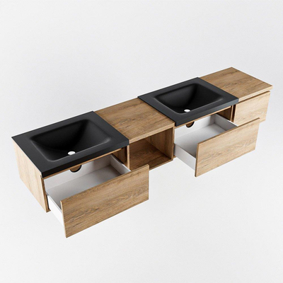 MONDIAZ BUKLA 200cm meuble de salle de bain avec module ouvert 40 à gauche couleur Chêne blanchi avec 3 tiroirs. Lavabo CLOUD double 0 trous de robinet couleur Urbaine.