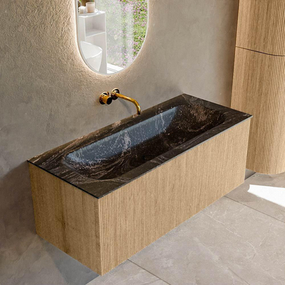 MONDIAZ KURVE-DLUX Meuble de salle de bains 110 cm couleur Oak avec 1 tiroir. Lavabo BIG MEDIUM centré sans trou de robinet couleur Lava.