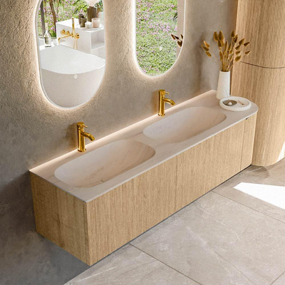 MONDIAZ KURVE-DLUX 165cm meuble de salle de bains arrondi Droite couleur Oak avec 2 tiroirs et 1 porte. Lavabo STOR SMALL Double / Gauche 2 trous de robinet Meli.
