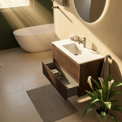 Saniclass Holz Atelier Ensemble meuble de salle de bains - 100x45x62cm - Lavabo Vygo en céramique blanc - 1 vasque - 1 trou de robinet - 2 tiroirs - chêne charcoal mat (bois)