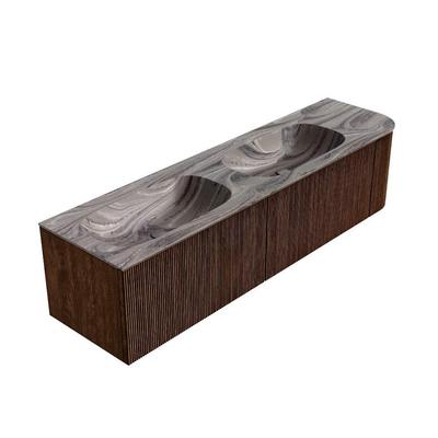 MONDIAZ KURVE-DLUX 175cm badmeubel ronding Rechts kleur Walnut met 2 lades en 1 deur. Wastafel STOR SMALL Dubbel / Links 2 kraangaten Sombra.