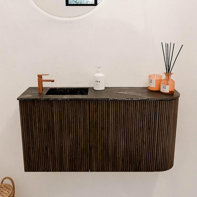Mondiaz JOYA-DLUX 81.6cm toiletmeubel - ronding rechts kleur Walnut - Wastafel FAYE positie Links 1 kraangat kleur Lava.