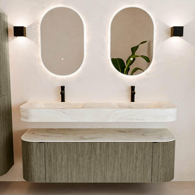 MONDIAZ THOR-DLUX 150cm meuble de salle de bains arrondi gauche + droite couleur Shadow avec 1 tiroir et 2 portes. Vasque suspendue CLOUD Double 2 trous de robinet couleur Ostra.