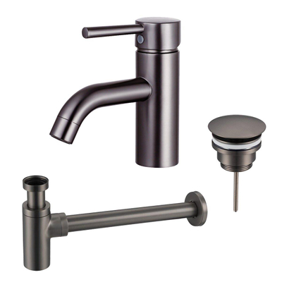 Fortifura Calvi Wastafelkraanset - lage wastafelkraan - always open plug - design - sifon - PVD - geborsteld gunmetal (antraciet)