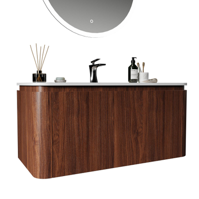 Saniclass Terra Wastafelonderkast - 100cm - 2 lades - solid surface wastafel - 1 wasbak - 1 kraangat - afgeronde hoeken - kastanje (walnoot)