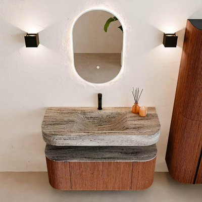 MONDIAZ THOR-DLUX Meuble de salle de bains 110cm arrondi gauche + droite couleur Ruby avec 1 tiroir et 2 portes. Vasque suspendue CLOUD Milieu 1 trou de robinet couleur Oza.