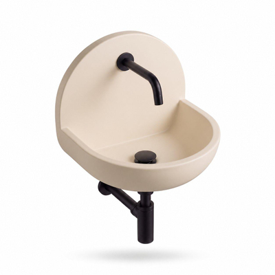 Saniclass Fuente Ensemble de lave-mains - 46.5x35x43.2cm - solid surface blanc cassé - robinet de lave-mains - bonde - siphon - noir mat