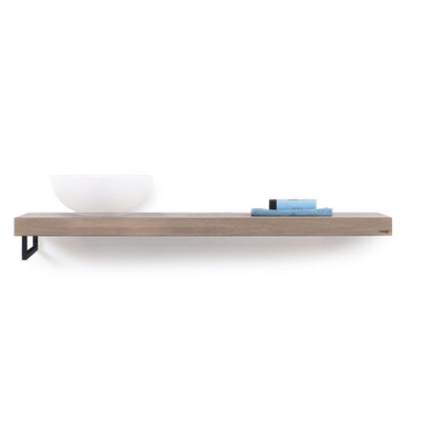 Looox Wood collection Solo plan sous vasque - 140x46cm - Avec porte-serviettes (gauche) noir mat - Chêne massif gris ancien