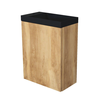 Arcqua Marble lave-mains – 40 x 22 x 54,5 cm – marbre noir mat – sans robinet – cadre chêne naturel, sans trop-plein